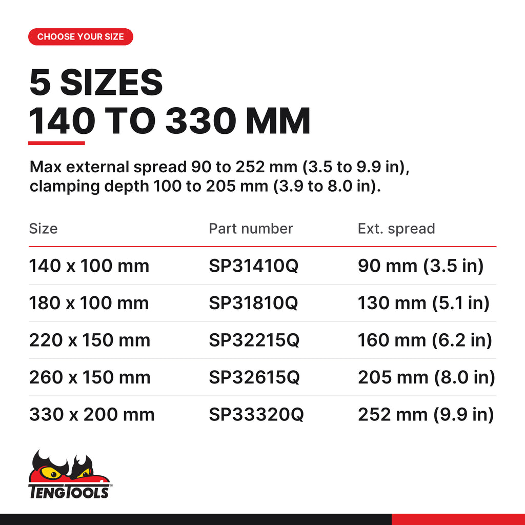 Teng Tools three arm quick action puller, 140 x 100 to 330 x 200 mm, five sizes 140 x 100 mm to 330 x 200 mm, part numbers