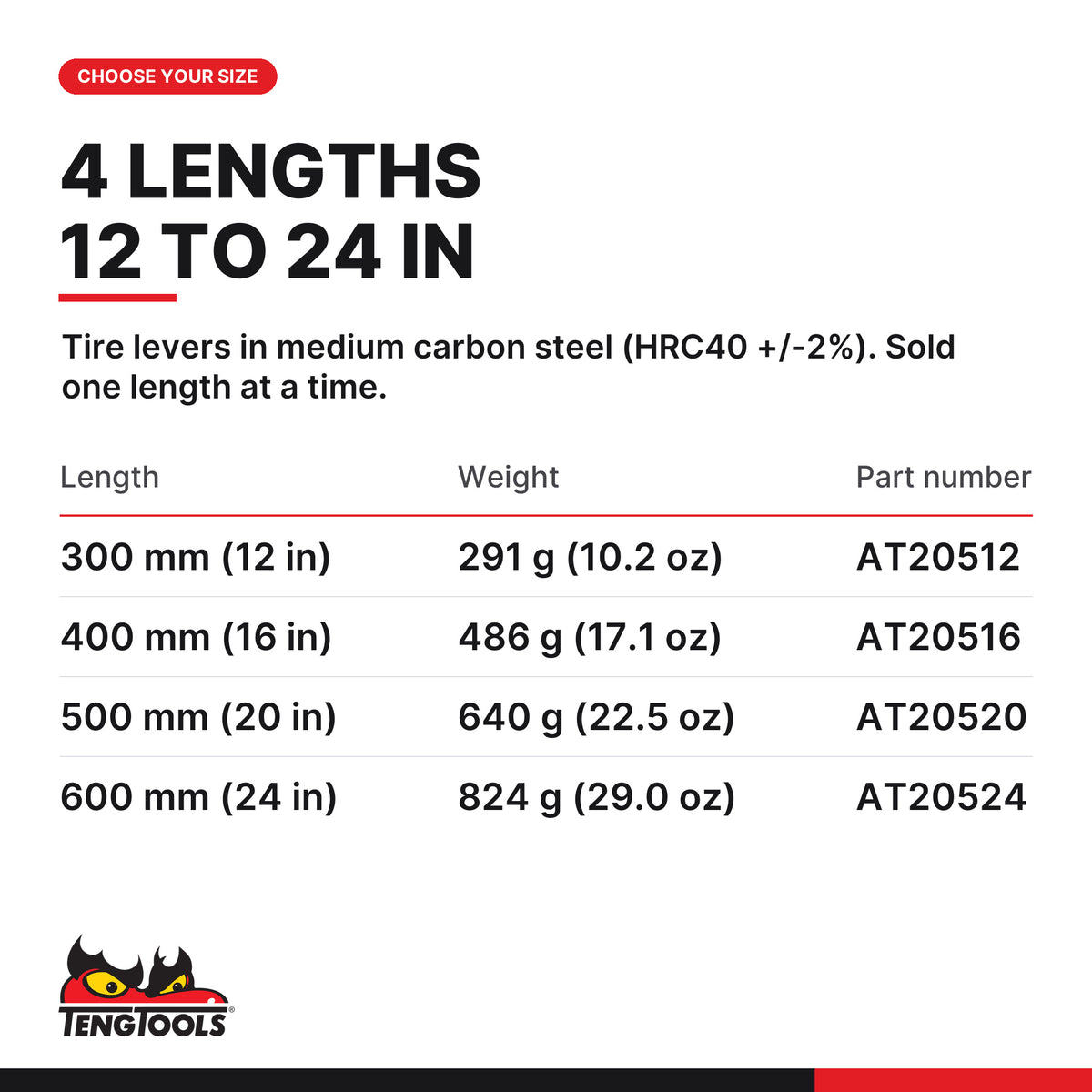 Teng Tools tire lever, 300 to 600 mm, four lengths 300 mm (12 in) to 600 mm (24 in), part numbers AT20512 to AT20524