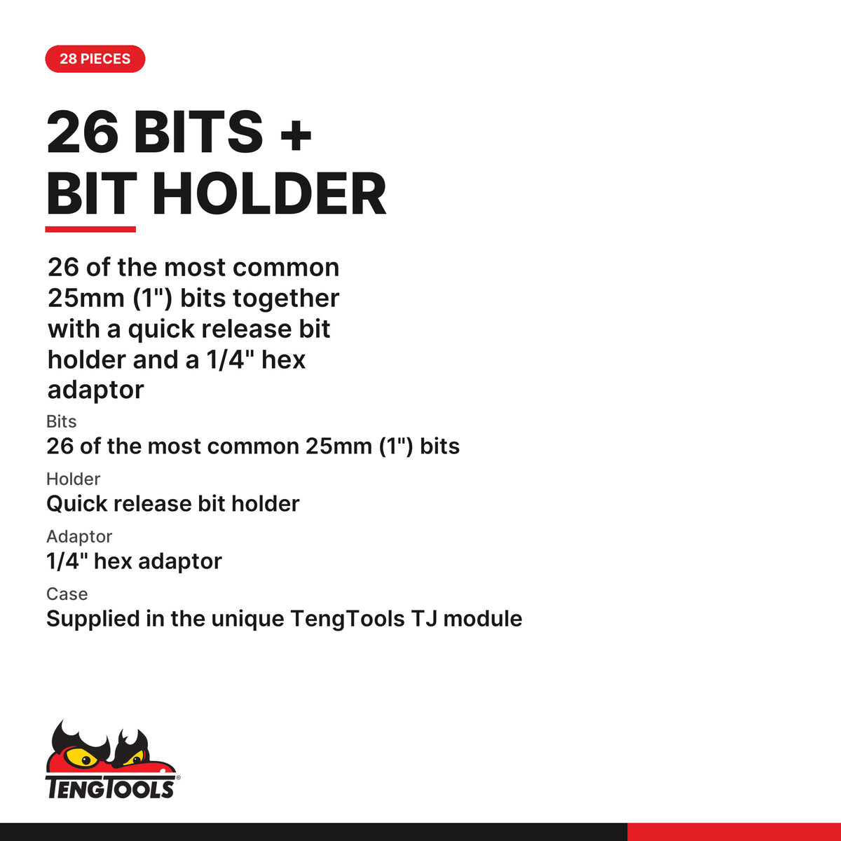 Teng Tools TJ028 28 Piece Mixed Screwdriver Bit Set With Belt Clip Case, 26 of the most common 25mm (1") bits together with