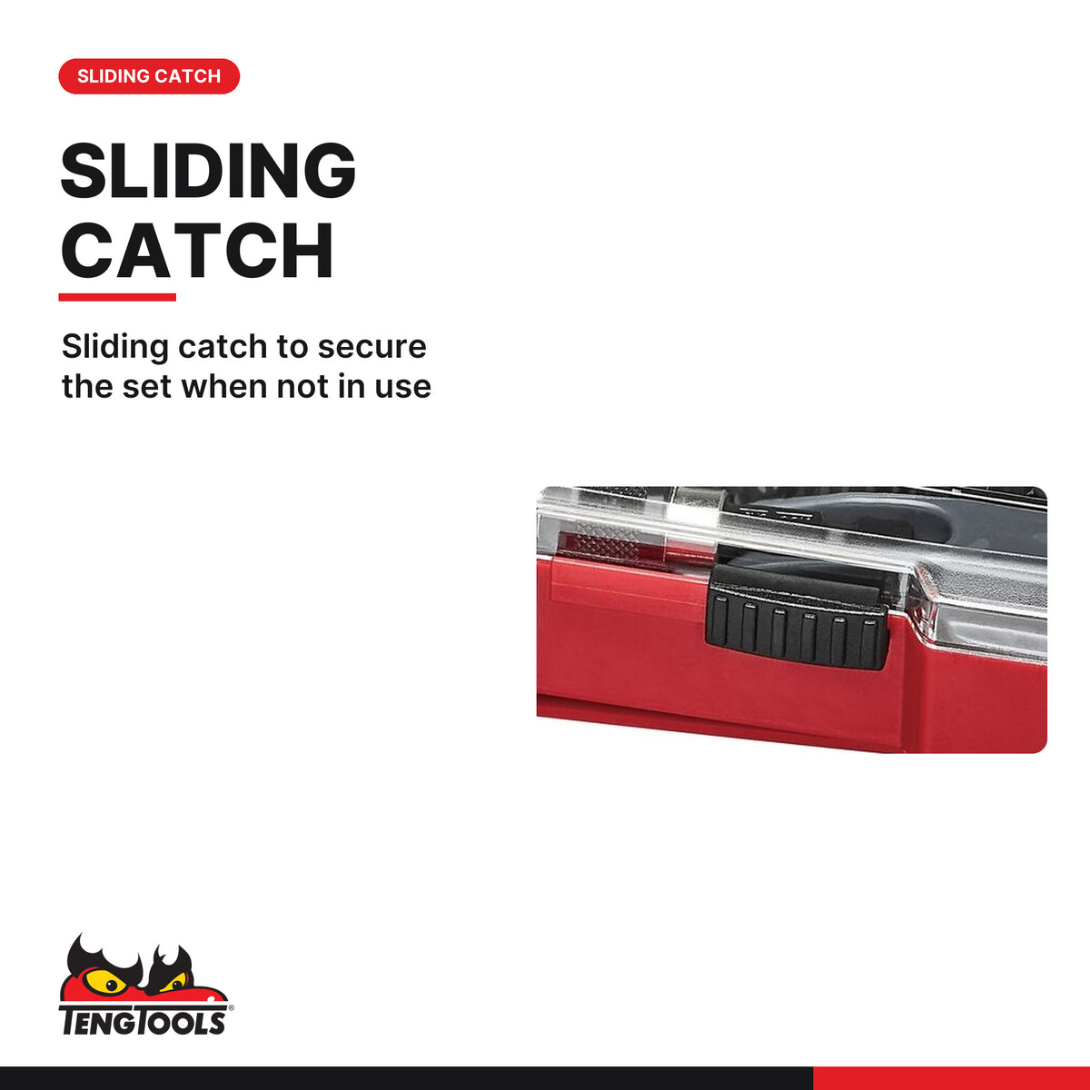 Teng Tools TJ028 28 Piece Mixed Screwdriver Bit Set With Belt Clip Case, sliding catch to secure the set when not in use