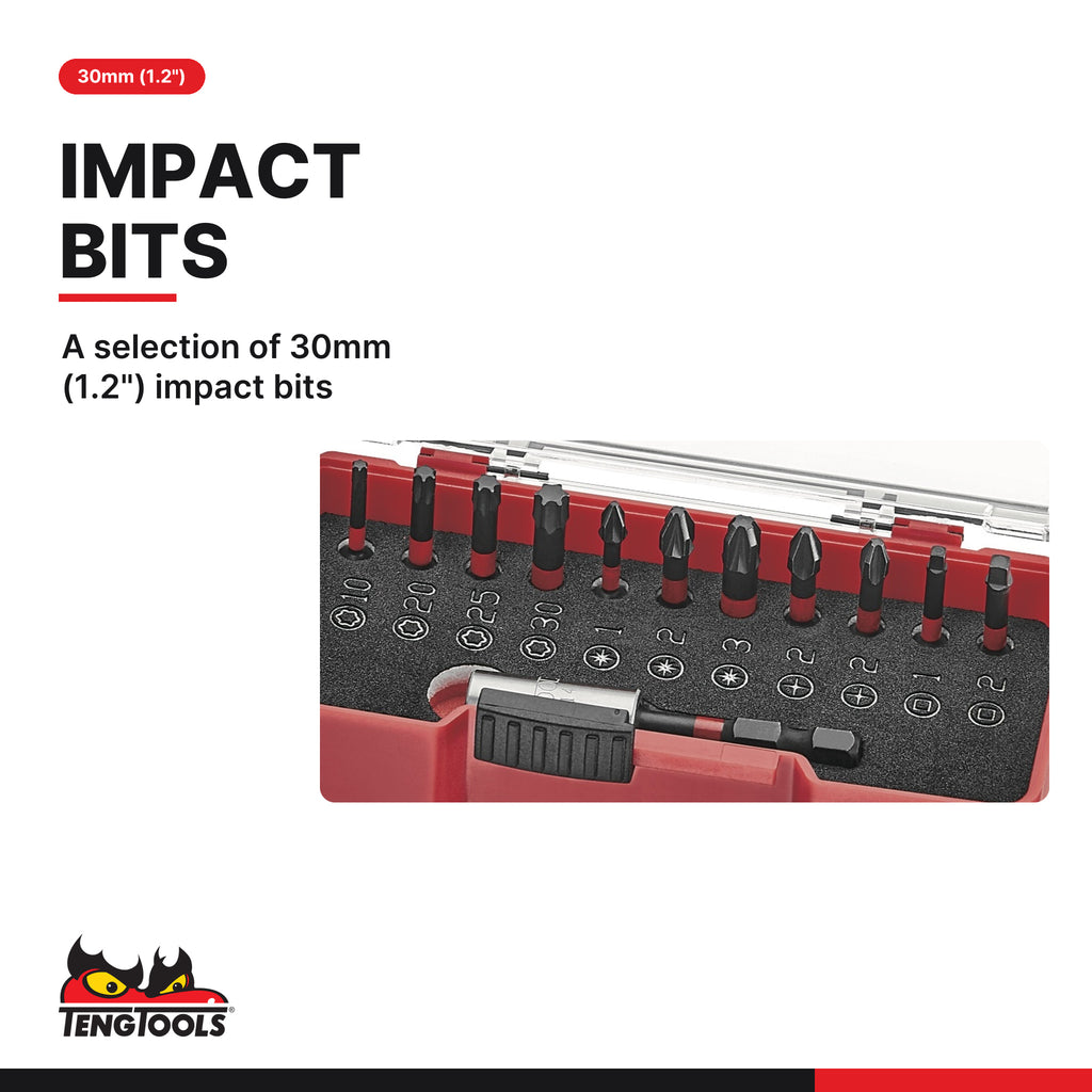 Teng Tools TJ1412 12 Piece Impact Bit Set With Belt Clip, A selection of 30mm (1.2") impact bits