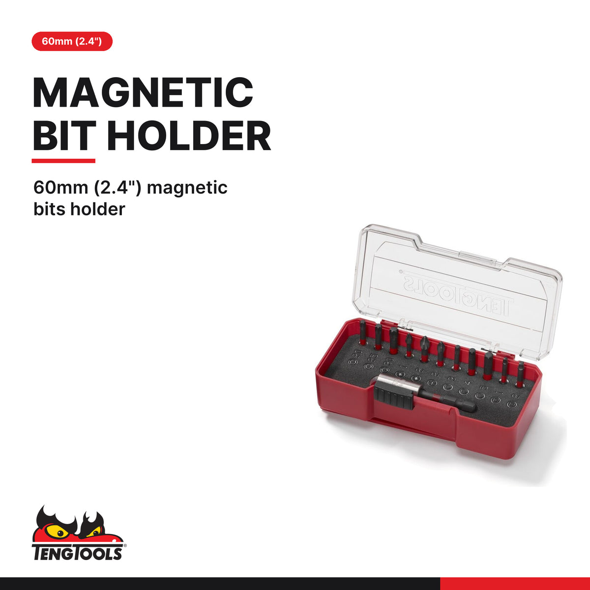 Teng Tools TJ1413 12 Piece 1/4 Inch Drive Hex, Torx, Pozi, ROB Impact, 60mm (2.4") magnetic bits holder