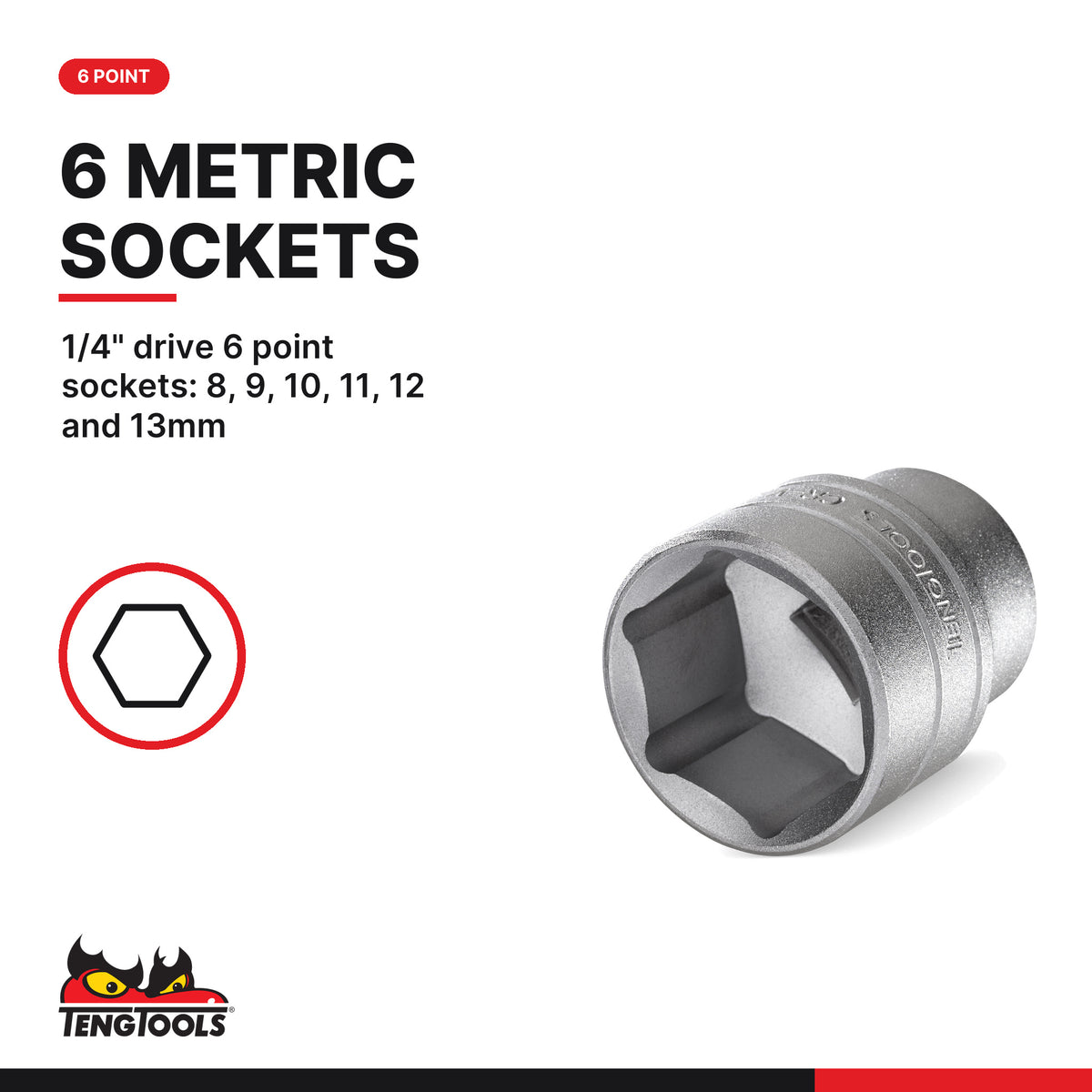 Teng Tools TJ1419 1/4" Socket Set 6 pt With Belt Clip 19 Pieces, 1/4" drive 6 point sockets: 8, 9, 10, 11, 12 and 13mm