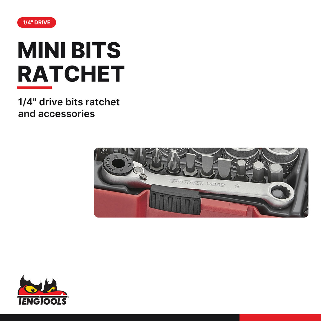 Teng Tools TJ1419 1/4" Socket Set 6 pt With Belt Clip 19 Pieces, 1/4" drive bits ratchet and accessories