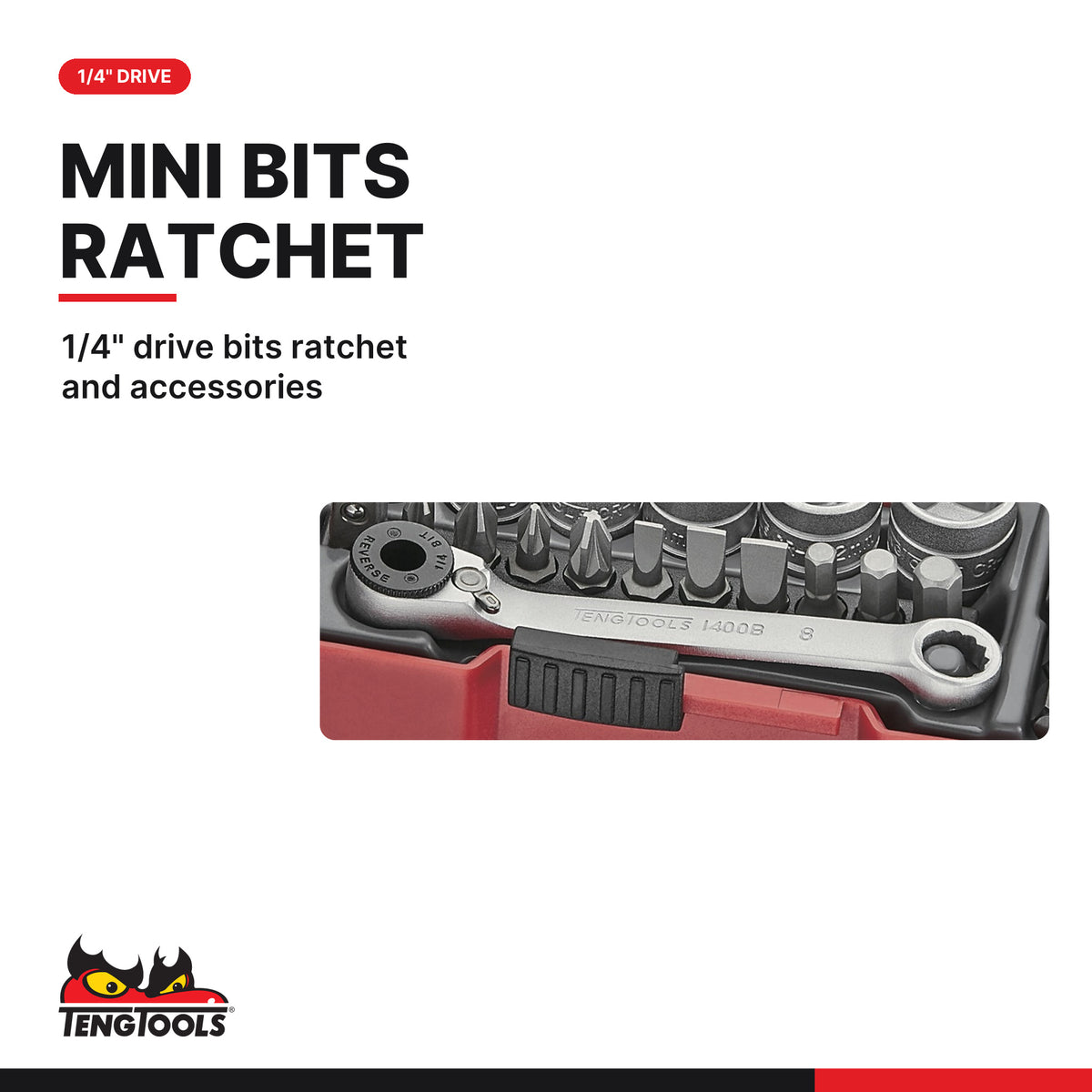 Teng Tools TJ1419 1/4" Socket Set 6 pt With Belt Clip 19 Pieces, 1/4" drive bits ratchet and accessories