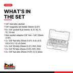 Teng Tools TJ1419 1/4" Socket Set 6 pt With Belt Clip 19 Pieces, what's in the tray