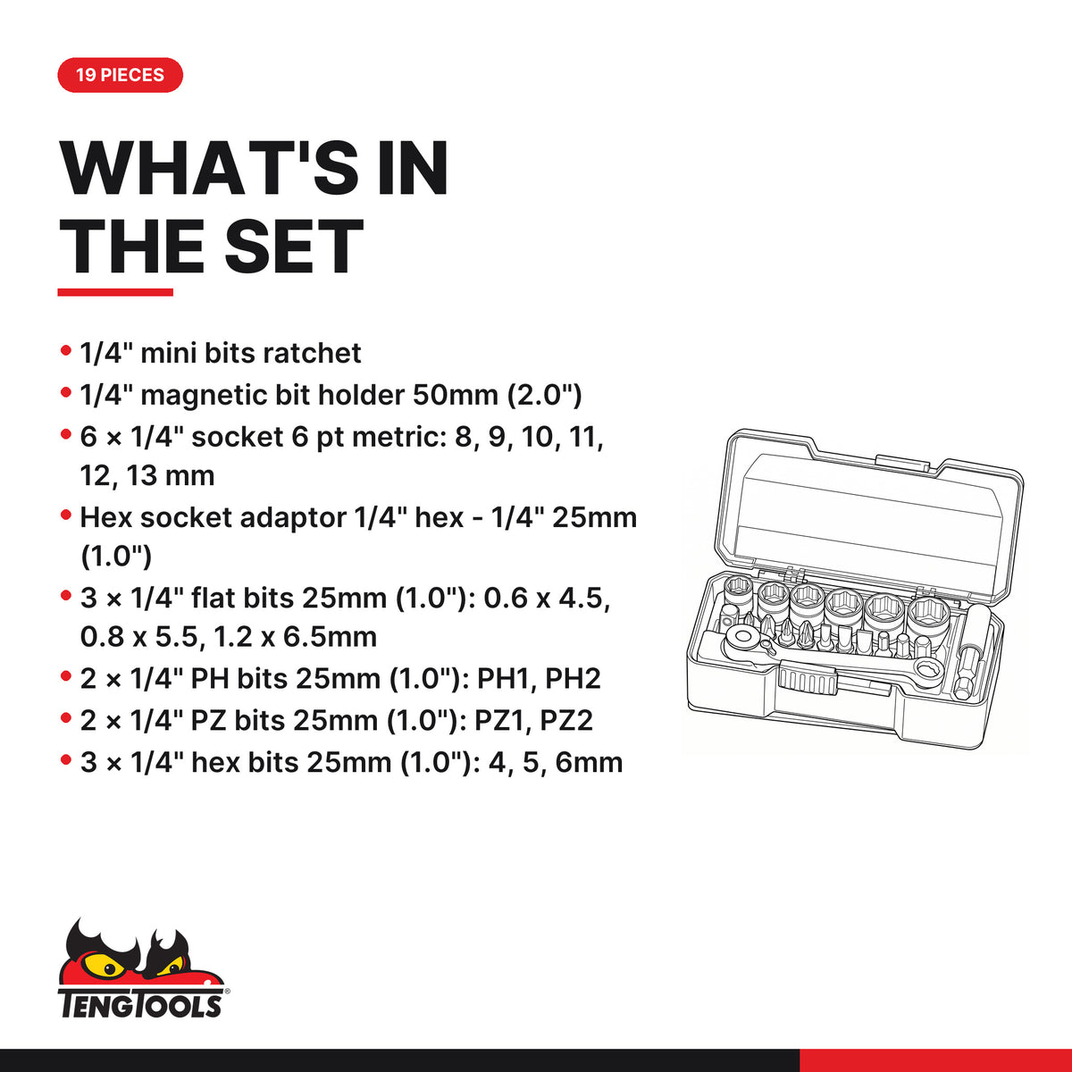Teng Tools TJ1419 1/4" Socket Set 6 pt With Belt Clip 19 Pieces, what's in the tray