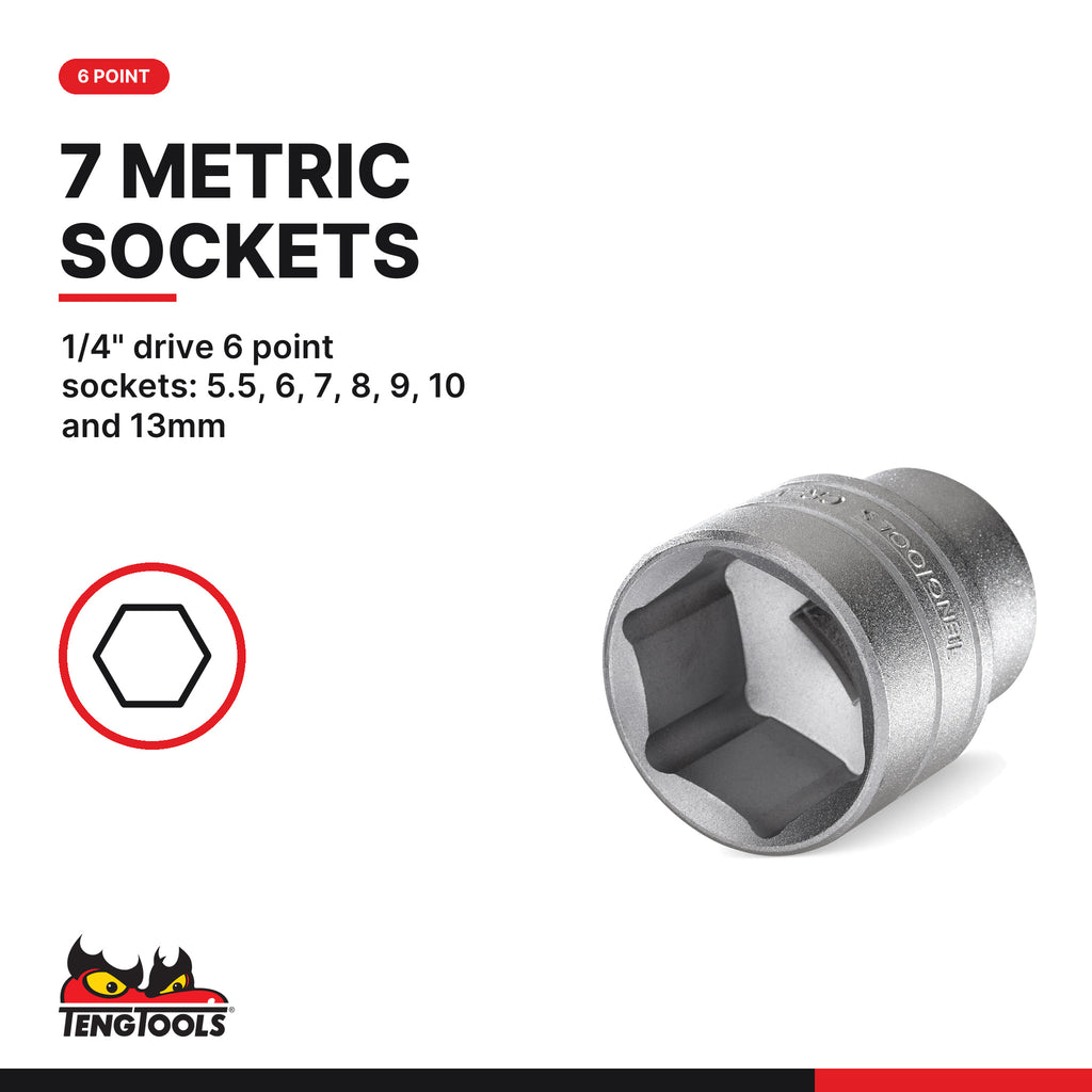 Teng Tools TJ1420 1/4" Socket Set 6 pt With Belt Clip 20 Pieces, 1/4" drive 6 point sockets: 5.5, 6, 7, 8, 9, 10 and 13mm