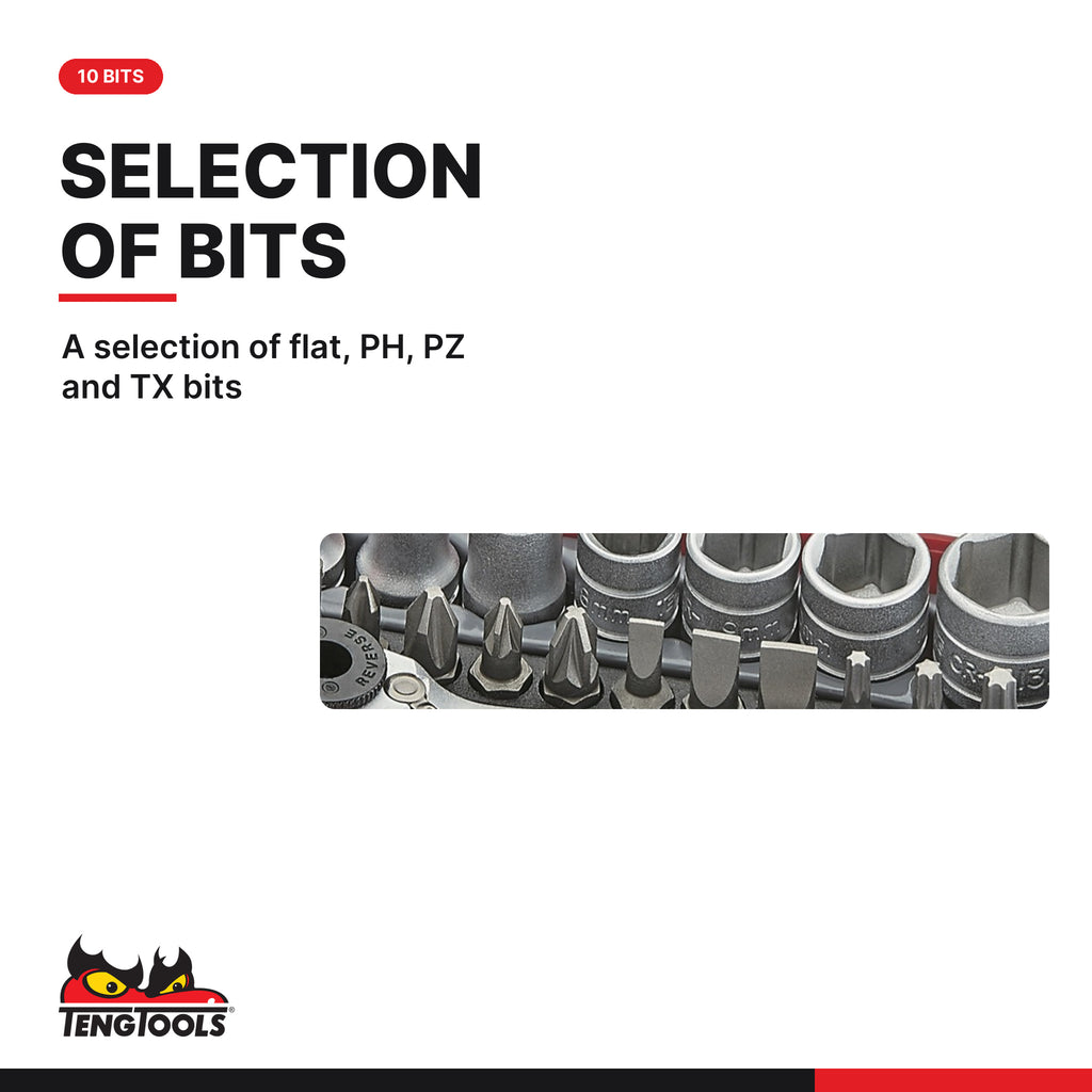 Teng Tools TJ1420 1/4" Socket Set 6 pt With Belt Clip 20 Pieces, A selection of flat, PH, PZ and TX bits