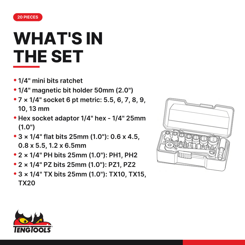 Teng Tools TJ1420 1/4" Socket Set 6 pt With Belt Clip 20 Pieces, what's in the tray