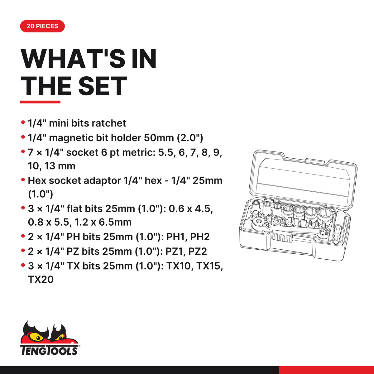 Teng Tools TJ1420 1/4" Socket Set 6 pt With Belt Clip 20 Pieces, what's in the tray