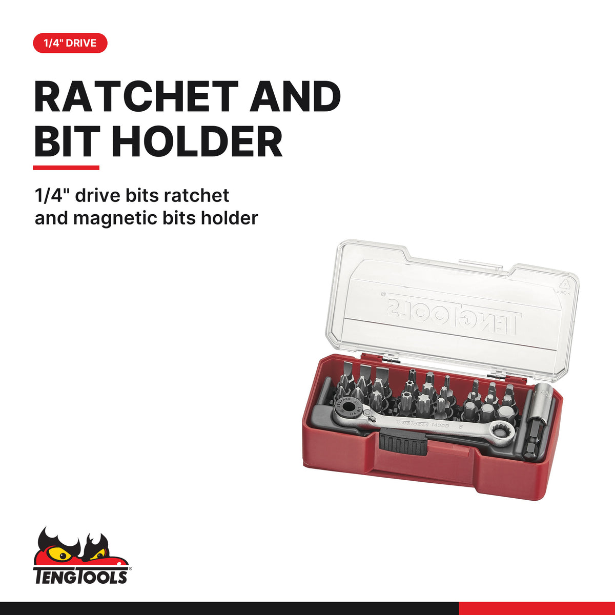 Teng Tools TJ1429 29 Piece 1/4 Bit Set With Belt Clip | Mini Ratchet &, 1/4" drive bits ratchet and magnetic bits holder
