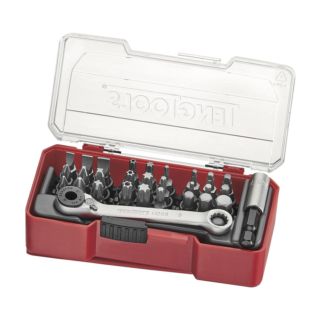 Teng Tools TJ1429 29 Piece 1/4 Bit Set With Belt Clip | Mini Ratchet & on a white background