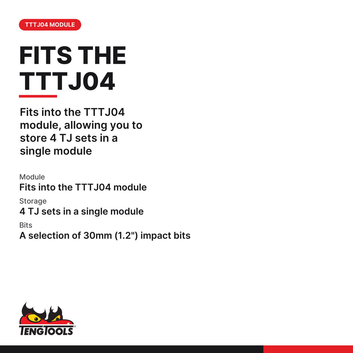 Teng Tools TJ1430 29 Piece 1/4 Inch Impact Driver Bit Set With Belt Clip, fits into the TTTJ04 module, allowing you to store