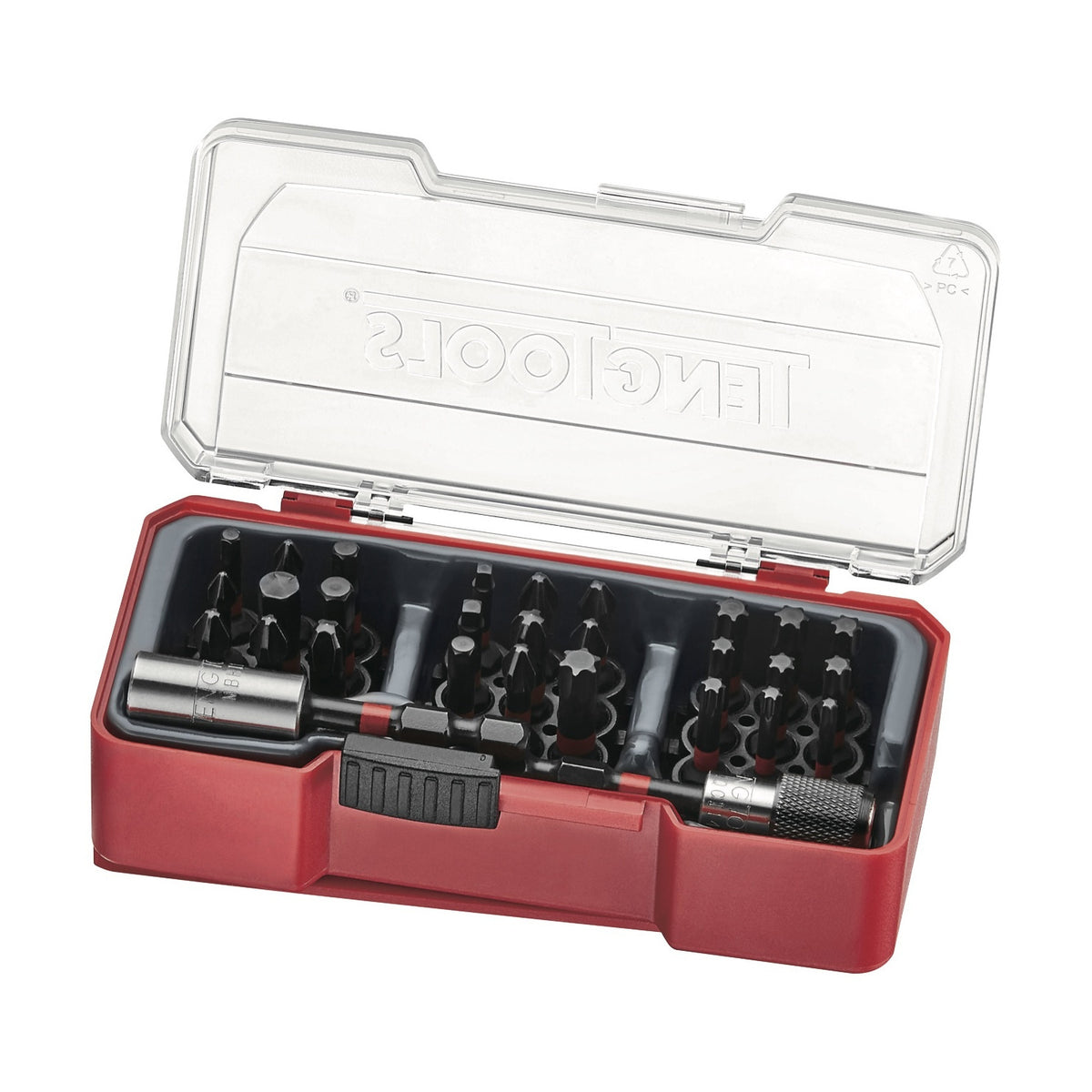 Teng Tools TJ1430 29 Piece 1/4 Inch Impact Driver Bit Set With Belt Clip on a white background