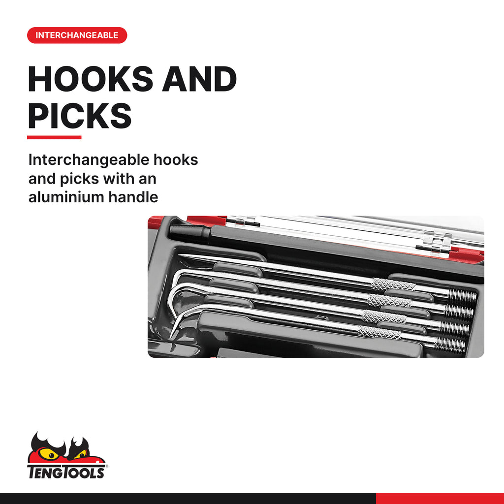 Teng Tools TJ149 Hook & Pick Set With Belt Clip 4 Pieces, interchangeable hooks and picks with an aluminium handle