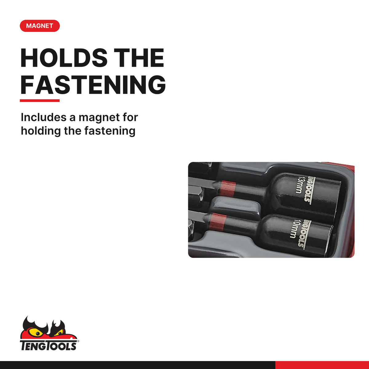 Teng Tools TJNS05 5 Piece 1/4 Drive Impact Nut Setter Set, includes a magnet for holding the fastening