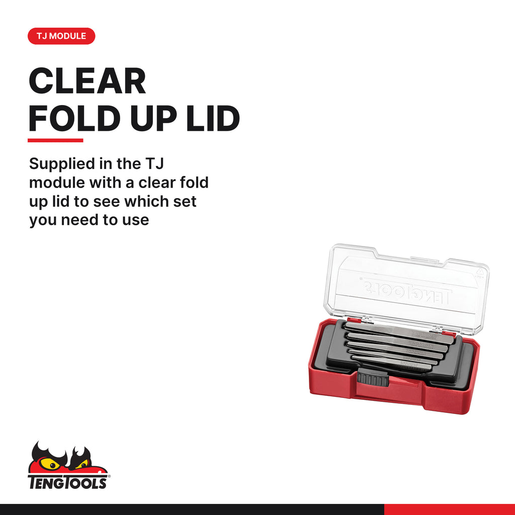 Teng Tools TJSE05S Screw Extractor Set With Belt Clip 5 Pieces, supplied in the TJ module with a clear fold up lid to see