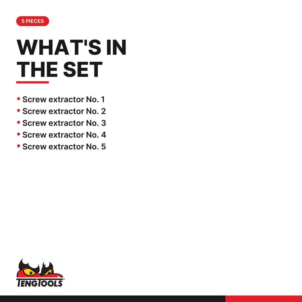 Teng Tools TJSE05S Screw Extractor Set With Belt Clip 5 Pieces, what's in the tray