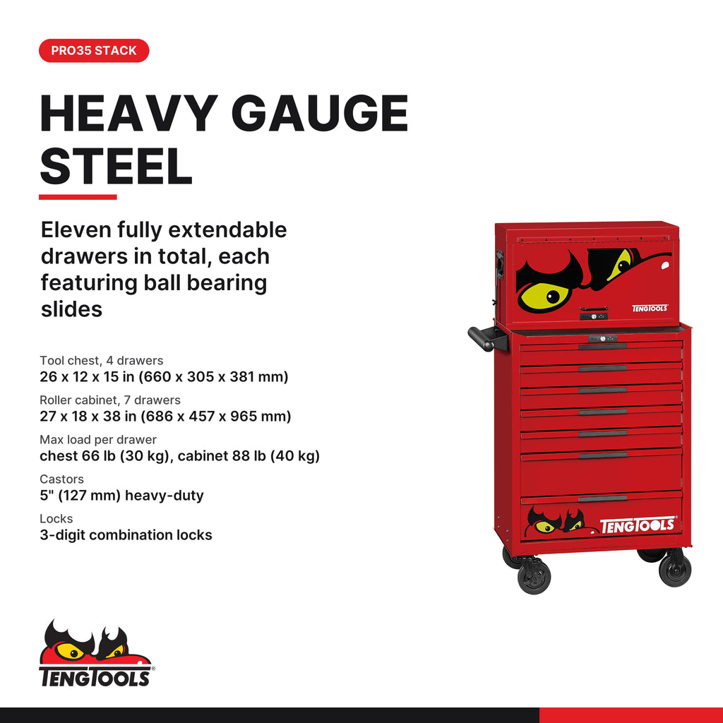 Teng Tools TKS26R418F 418 piece 26in red tool chest and roller cabinet kit, PRO35 chest and cabinet sizes and drawer loads