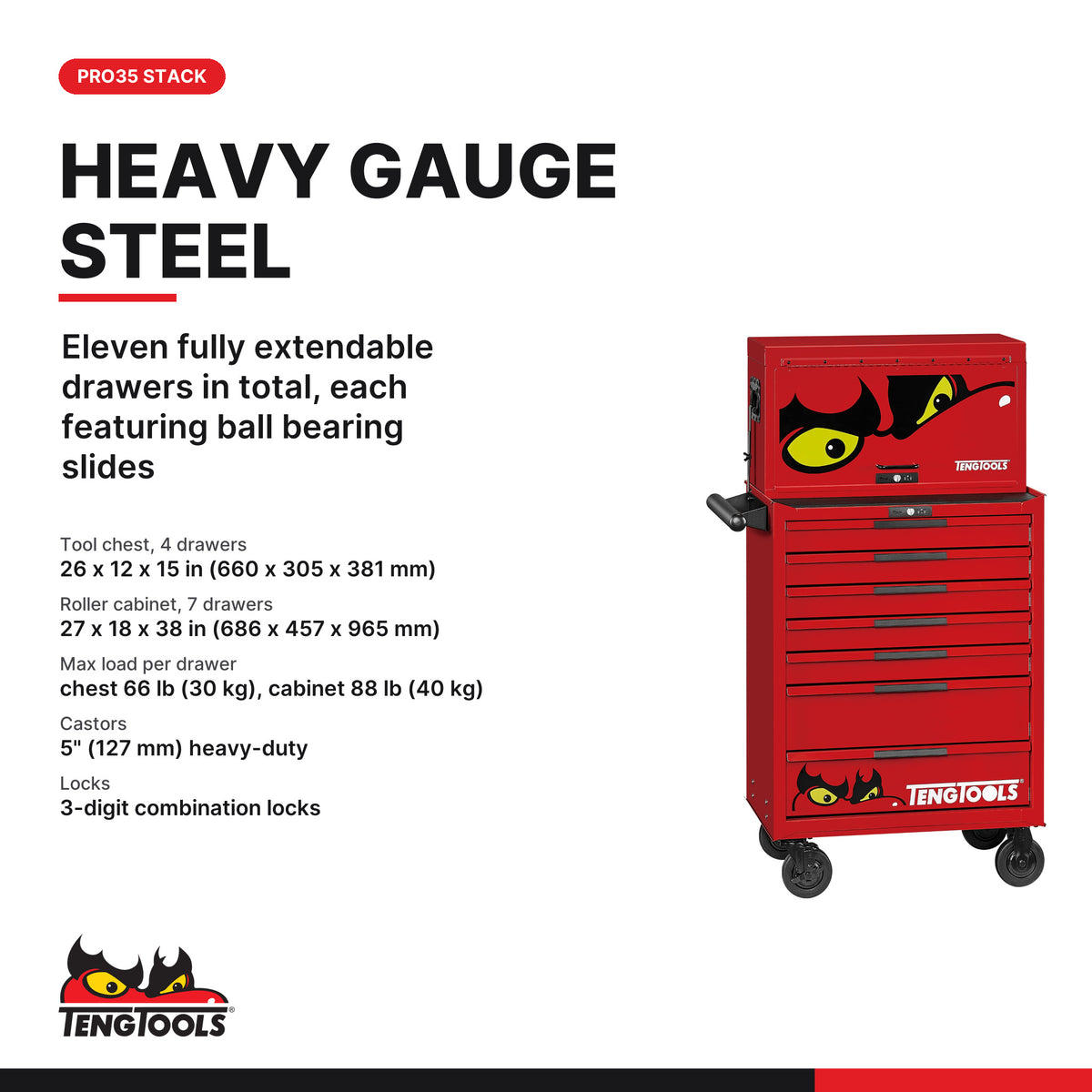 Teng Tools TKS26R418F 418 piece 26in red tool chest and roller cabinet kit, PRO35 chest and cabinet sizes and drawer loads