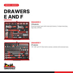 Teng Tools TKS26R702F 702 piece 26in red tool chest and roller cabinet kit, drawers E and F