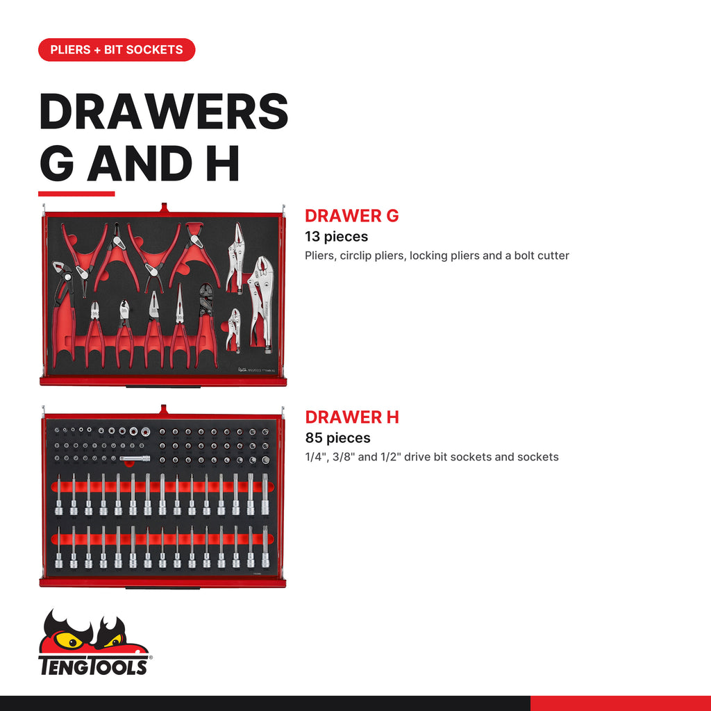 Teng Tools TKS26R702F 702 piece 26in red tool chest and roller cabinet kit, drawers G and H