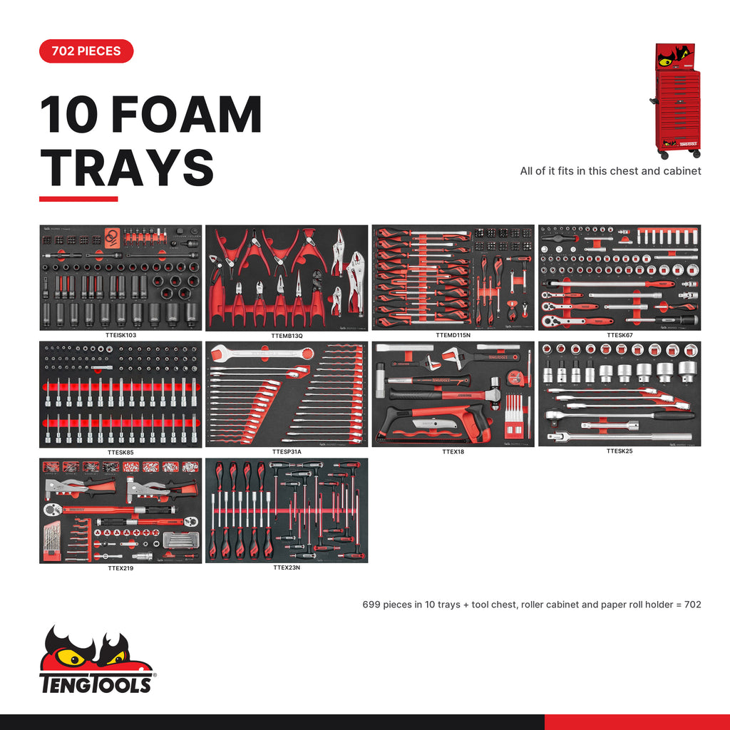Teng Tools TKS26R702F 702 piece 26in red tool chest and roller cabinet kit, every tray in the kit at true size