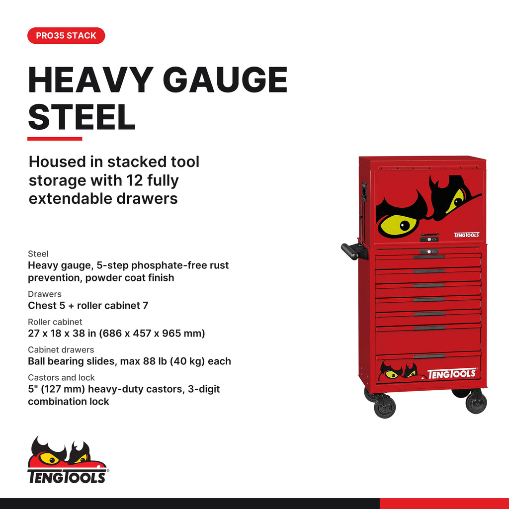 Teng Tools TKS26R702F 702 piece 26in red tool chest and roller cabinet kit, PRO35 chest and roller cabinet, heavy gauge steel