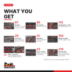 Teng Tools TKS26R702F 702 piece 26in red tool chest and roller cabinet kit, what you get: tools by type