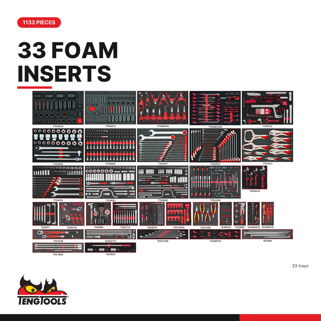 Teng Tools TKS531133F-TOOLS 1133 piece tool set in 33 EVA foam inserts, every tray in the kit at true size