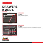 Teng Tools TKS53R1133F 1133 piece 53in red tool chest and cabinet kit, drawers K and L