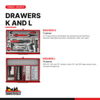 Teng Tools TKS53R1295T 1295 piece 53in red tool chest and cabinet kit, drawers K and L