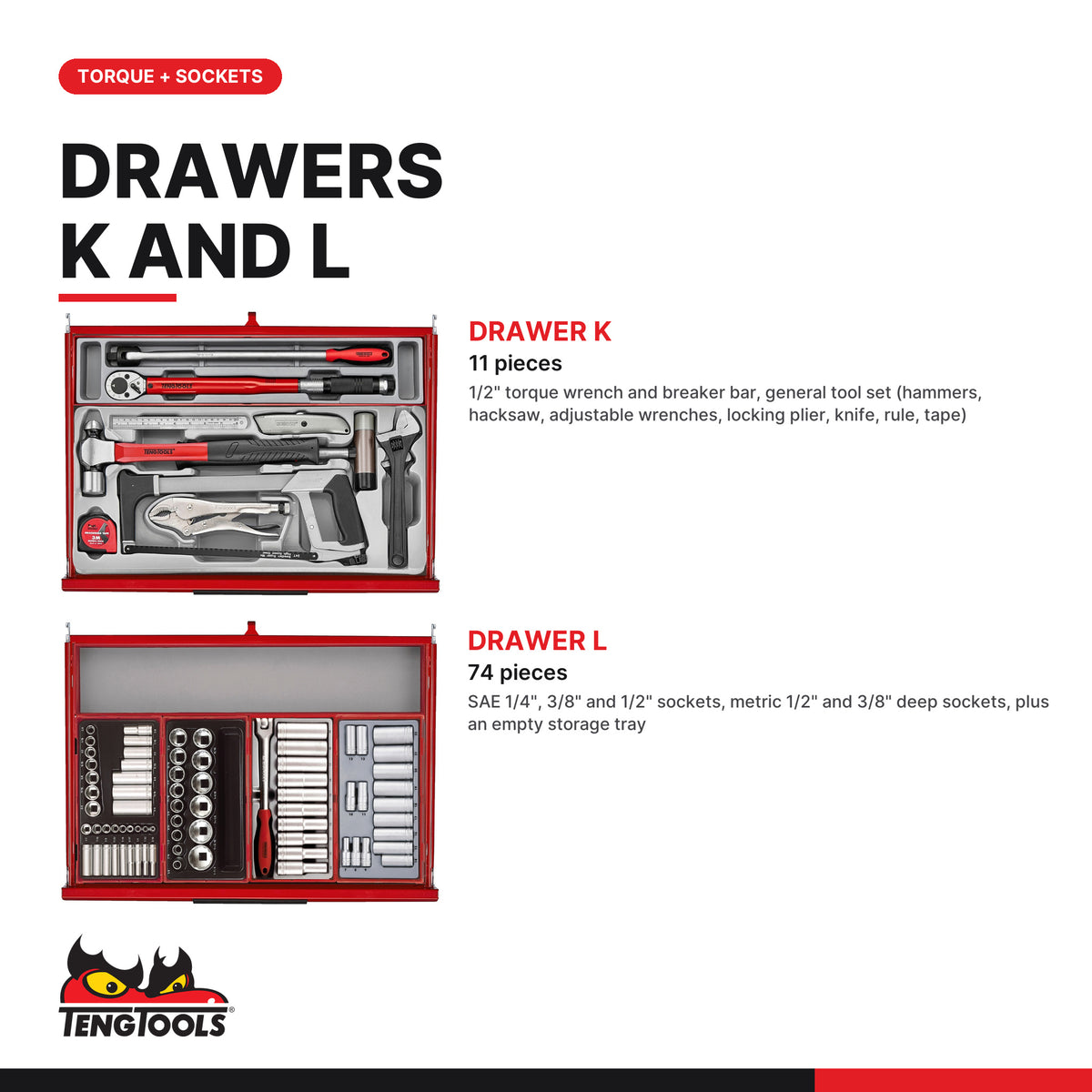 Teng Tools TKS53R1295T 1295 piece 53in red tool chest and cabinet kit, drawers K and L