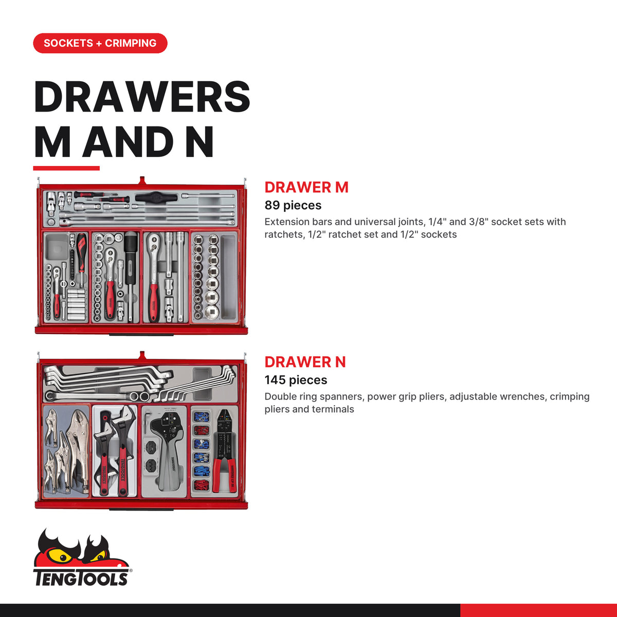Teng Tools TKS53R1295T 1295 piece 53in red tool chest and cabinet kit, drawers M and N