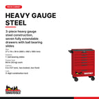 Teng Tools TKW26R278F 278 piece 26in red roller cabinet foam tool kit, PRO35 7 drawer cabinet size and drawer load
