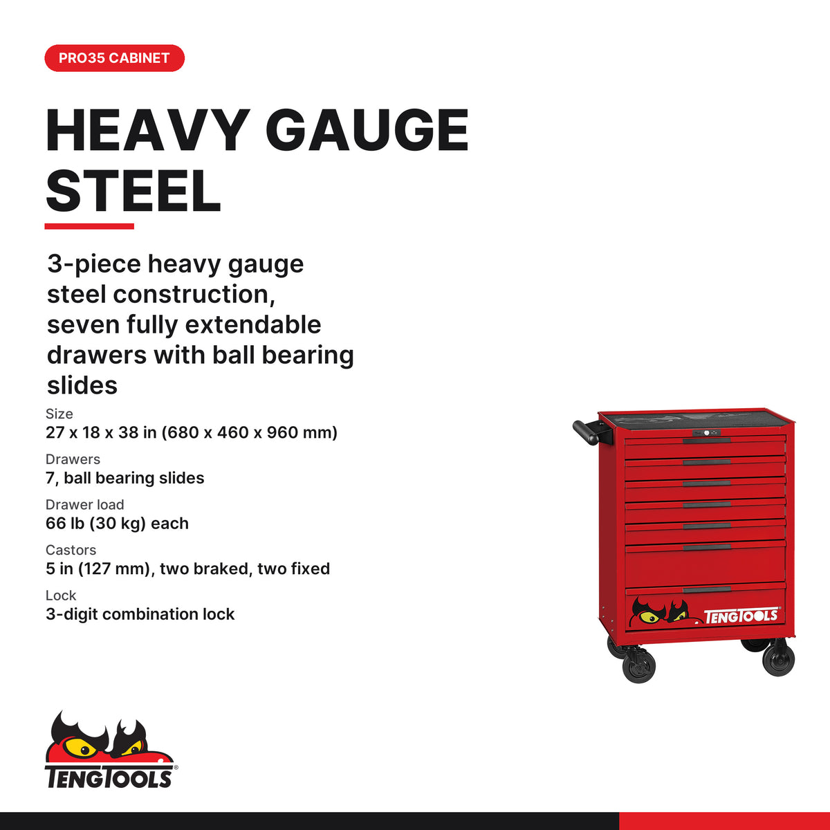 Teng Tools TKW26R278F 278 piece 26in red roller cabinet foam tool kit, PRO35 7 drawer cabinet size and drawer load