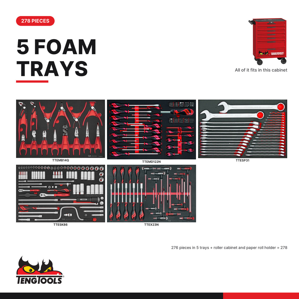 Teng Tools TKW26R278F 278 piece 26in red roller cabinet foam tool kit, every tray in the kit at true size