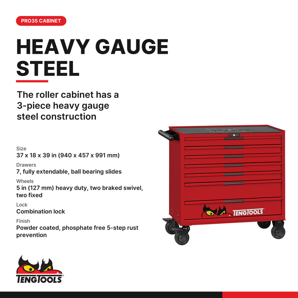 Teng Tools TKW37R663T 663 piece 37in red roller cabinet tool kit, PRO35 heavy gauge steel cabinet size and features