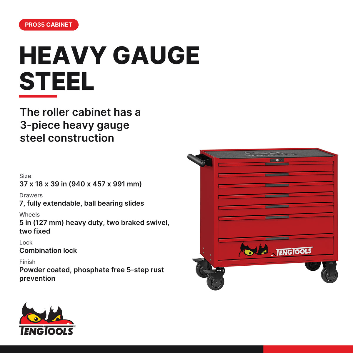 Teng Tools TKW37R663T 663 piece 37in red roller cabinet tool kit, PRO35 heavy gauge steel cabinet size and features