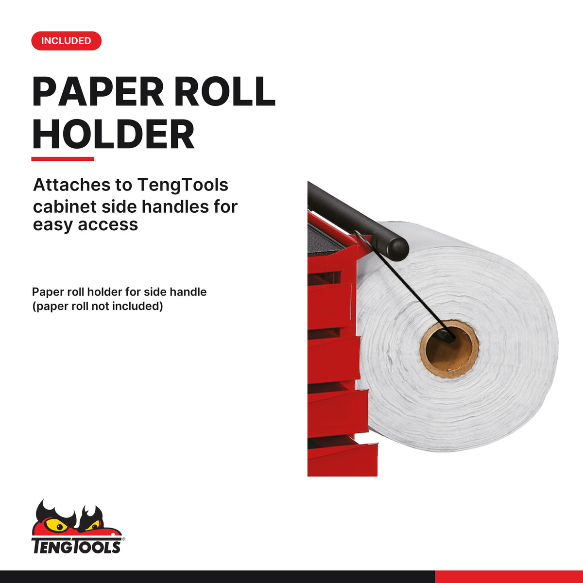 Teng Tools TKW37R663T 663 piece 37in red roller cabinet tool kit, paper roll holder for the cabinet side handle