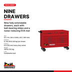 Teng Tools TKW53R615T 615 piece 53in red roller cabinet tool kit, PRO35 cabinet with nine drawers, size and load ratings