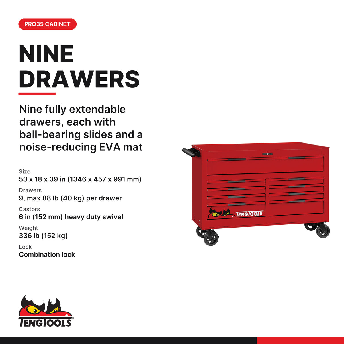 Teng Tools TKW53R615T 615 piece 53in red roller cabinet tool kit, PRO35 cabinet with nine drawers, size and load ratings