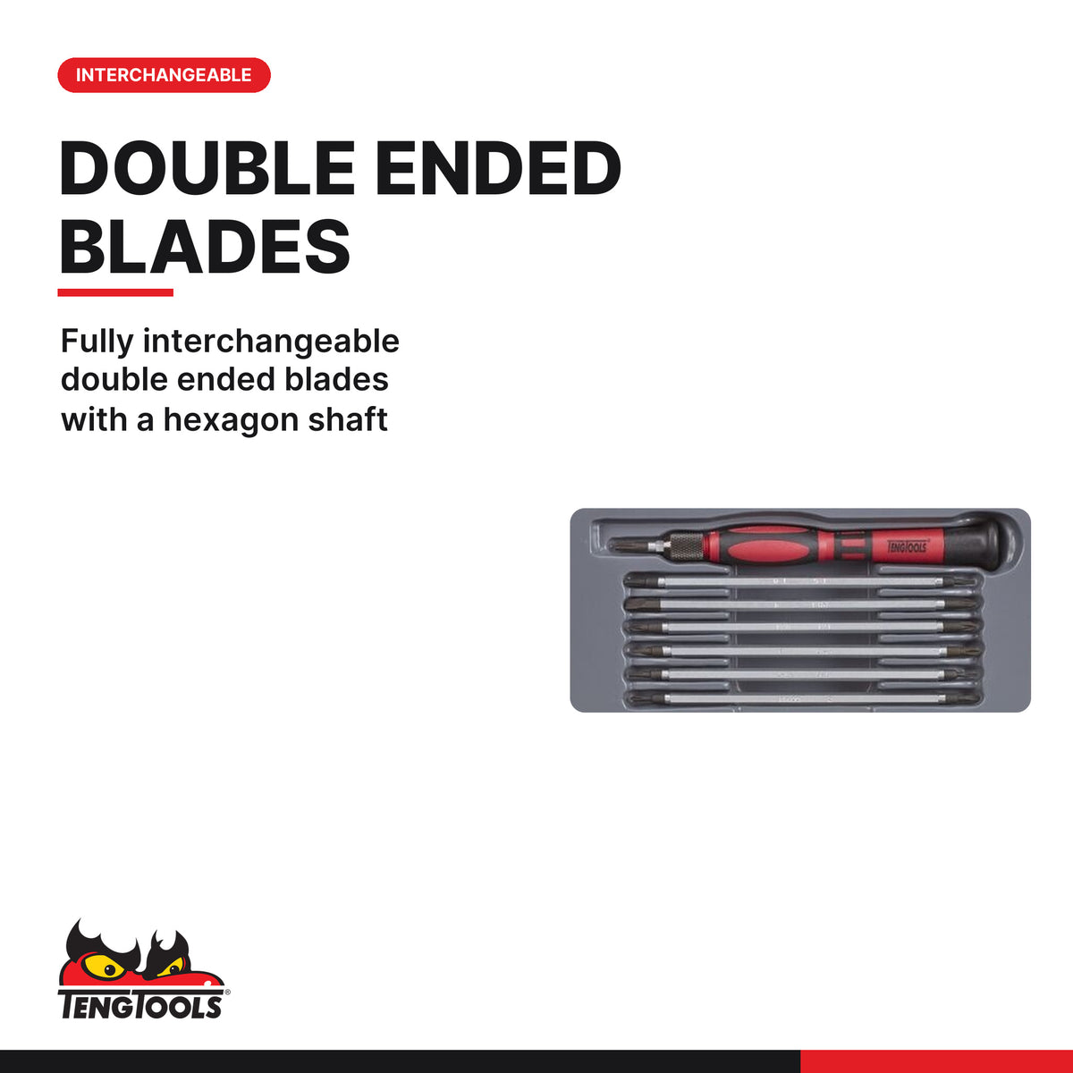 Teng Tools TM708 Mini Screwdriver Set Mixed 8 Pieces, fully interchangeable double ended blades with a hexagon shaft