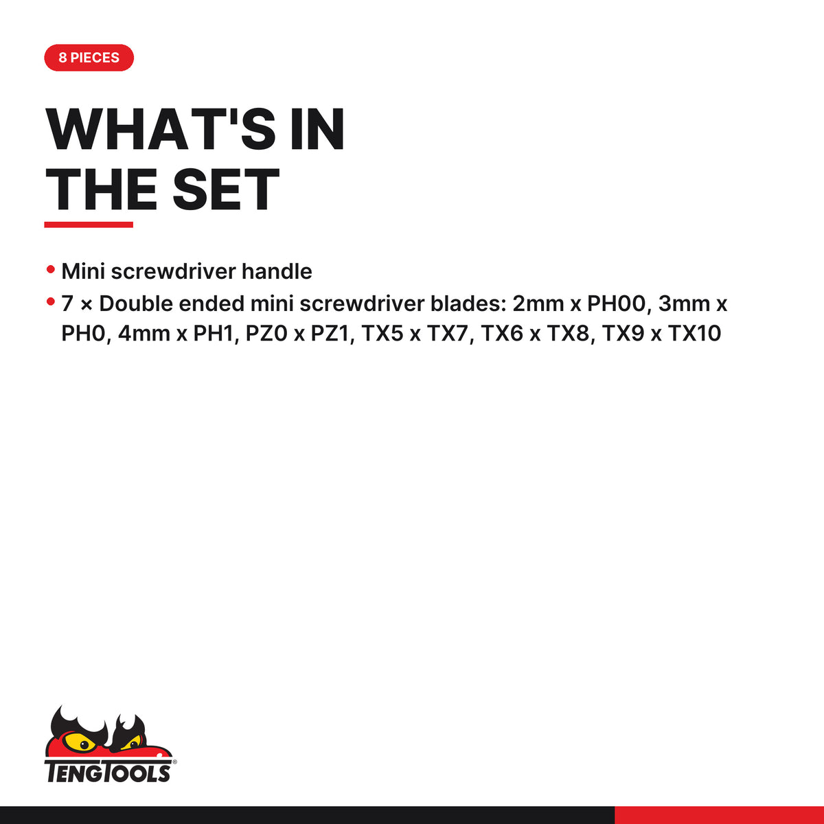 Teng Tools TM708 Mini Screwdriver Set Mixed 8 Pieces, what's in the set