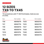 Teng Tools TX (Torx) screwdriver, TX6 to TX45, 12 sizes TX6 to TX45, part numbers MD906TN to MD945TN