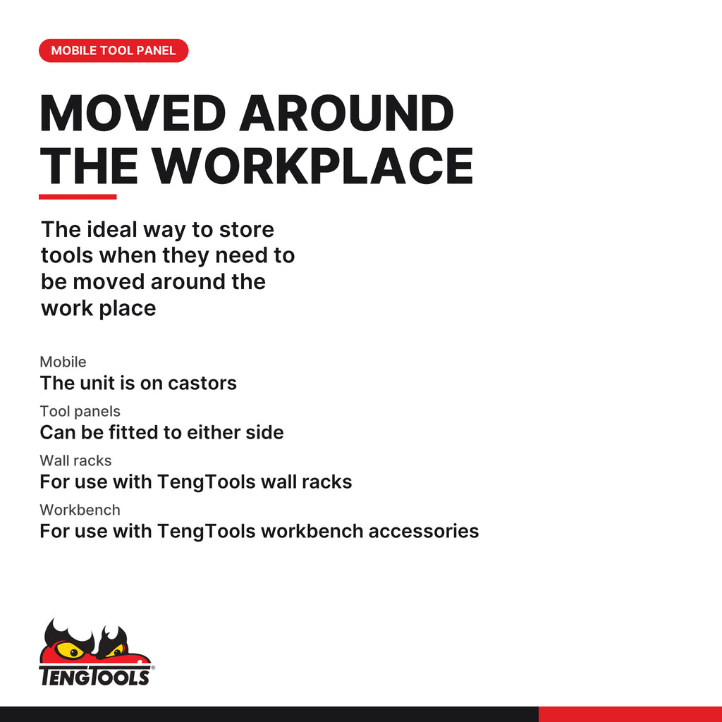 Teng Tools TPM01 2-Panel Mobile Tool Panel, the ideal way to store tools when they need to be moved around the work place