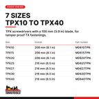 Teng Tools TPX (Torx Plus) screwdriver, TPX10 to TPX40 x 100 mm, seven sizes TPX10 to TPX40, part numbers MD610TPN to