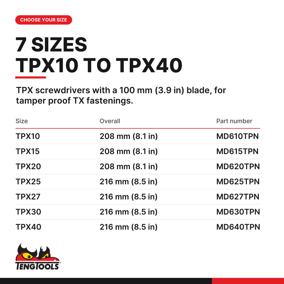 Teng Tools TPX (Torx Plus) screwdriver, TPX10 to TPX40 x 100 mm, seven sizes TPX10 to TPX40, part numbers MD610TPN to