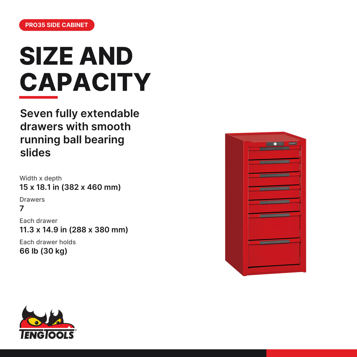 Teng Tools TSC15R7-US 15 PRO35™ Side Cabinet 7 Drawers Red, seven fully extendable drawers with smooth running ball bearing